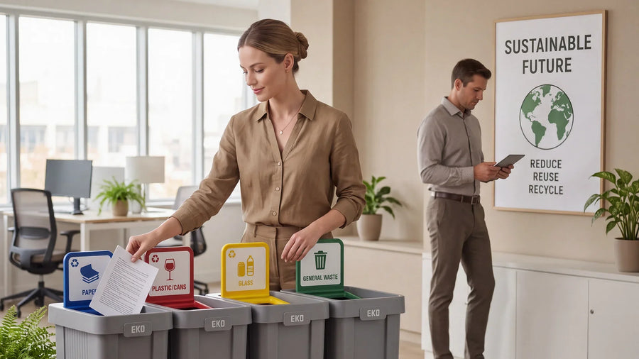 Employees sorting recyclables into labeled EKO bins beneath a Sustainable Future poster