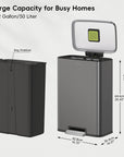 EKO Madison Gunmetal Steel 50 Liter/13.2 Gallon Step Trash Can with Inner Liner – Large Capacity for Busy Homes - 13.2 Gallon/50 Liter