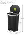 EKO HANA Semi-Round 55L/ 14.5 Gallon Plastic Resin Step Kitchen Trash Can-Black – Large Capacity for Busy Homes
