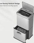 EKO Vintage Dual Compartment 32L + 18L Stainless Steel Motion Sensor Trash Can – Space-Saving Vertical Design - Maximizes trash and recycling capacity