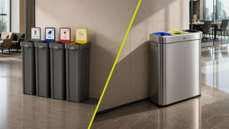 Comparison of gray plastic recycling bins with labeled lids and a stainless steel EKO dual recycling sensor bin