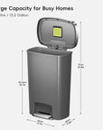EKO Hana Select  50 Liter / 13 Gallon Plastic Resin Step Kitchen Trash Can (Grey) Dimensions.