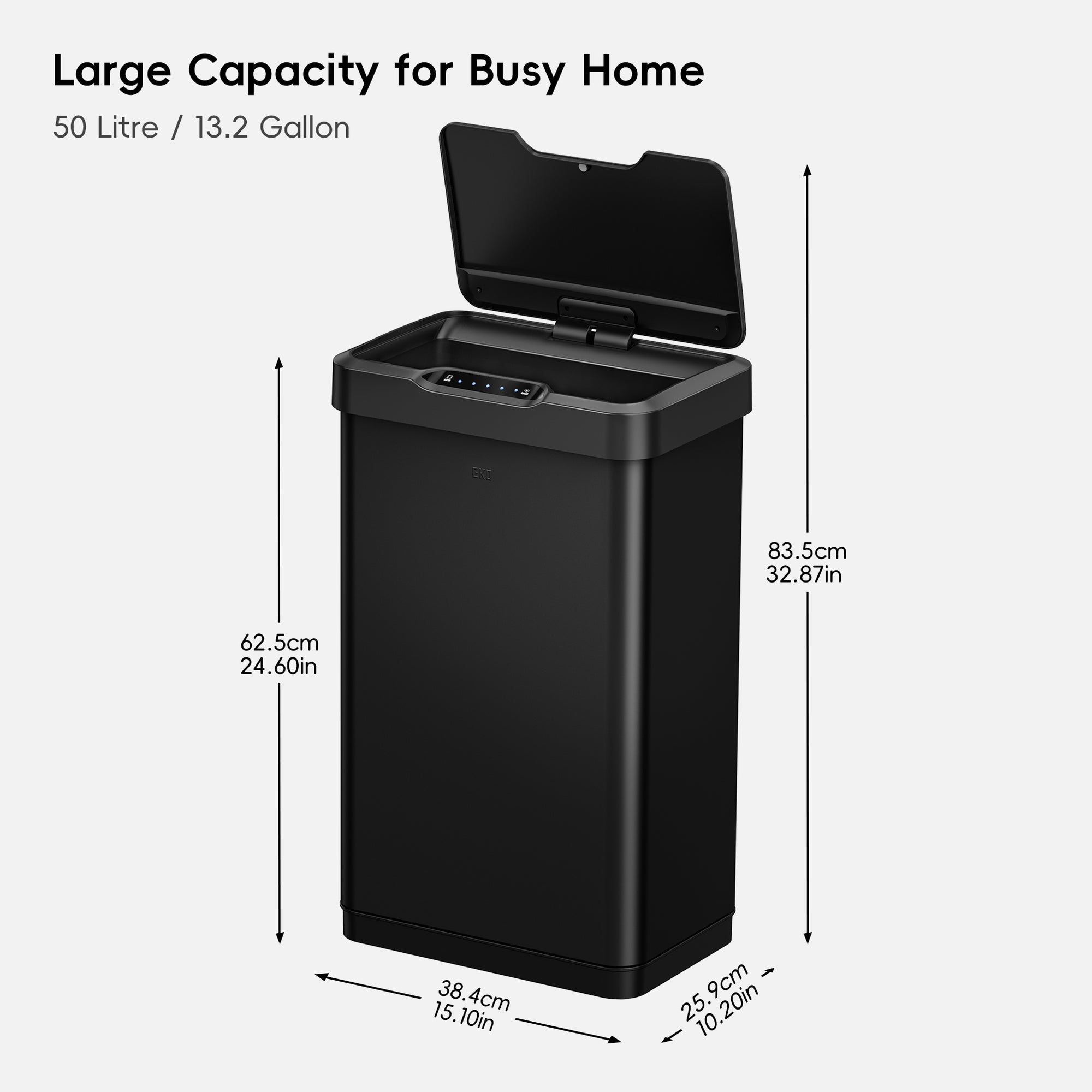 Mirage-T  50 Liter / 13 Gallon  Stainless Steel Motion Sensor Can (Matte Black) Dimensions.