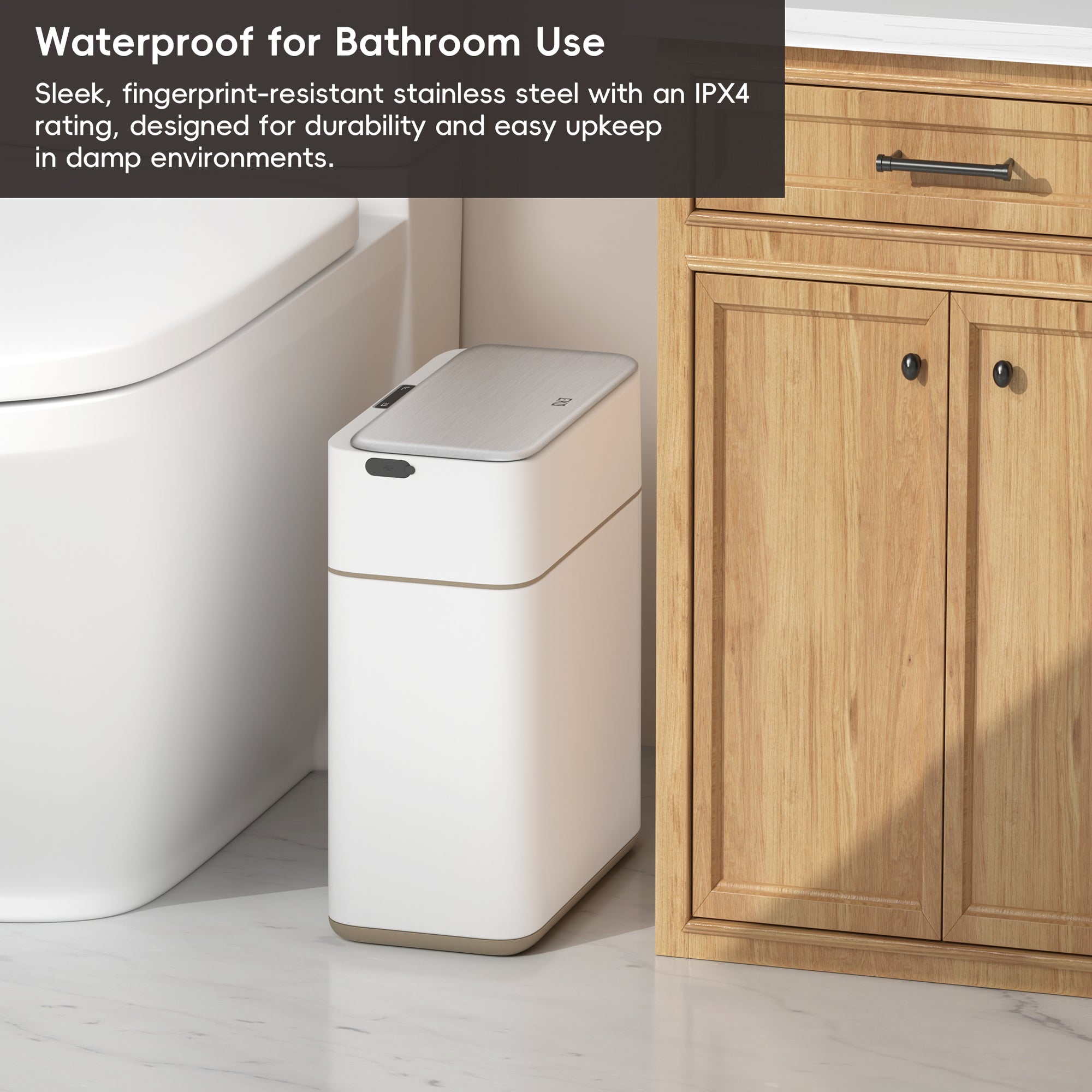 EKO Bono Sensor Bathroom Trash Can with Lid - 8L/2.1 Gallon - White – Waterproof for Bathroom Use - Sleek, fingerprint-resistant stainless steel with an IPX4 rating, designed for durability and easy upkeep in damp environments