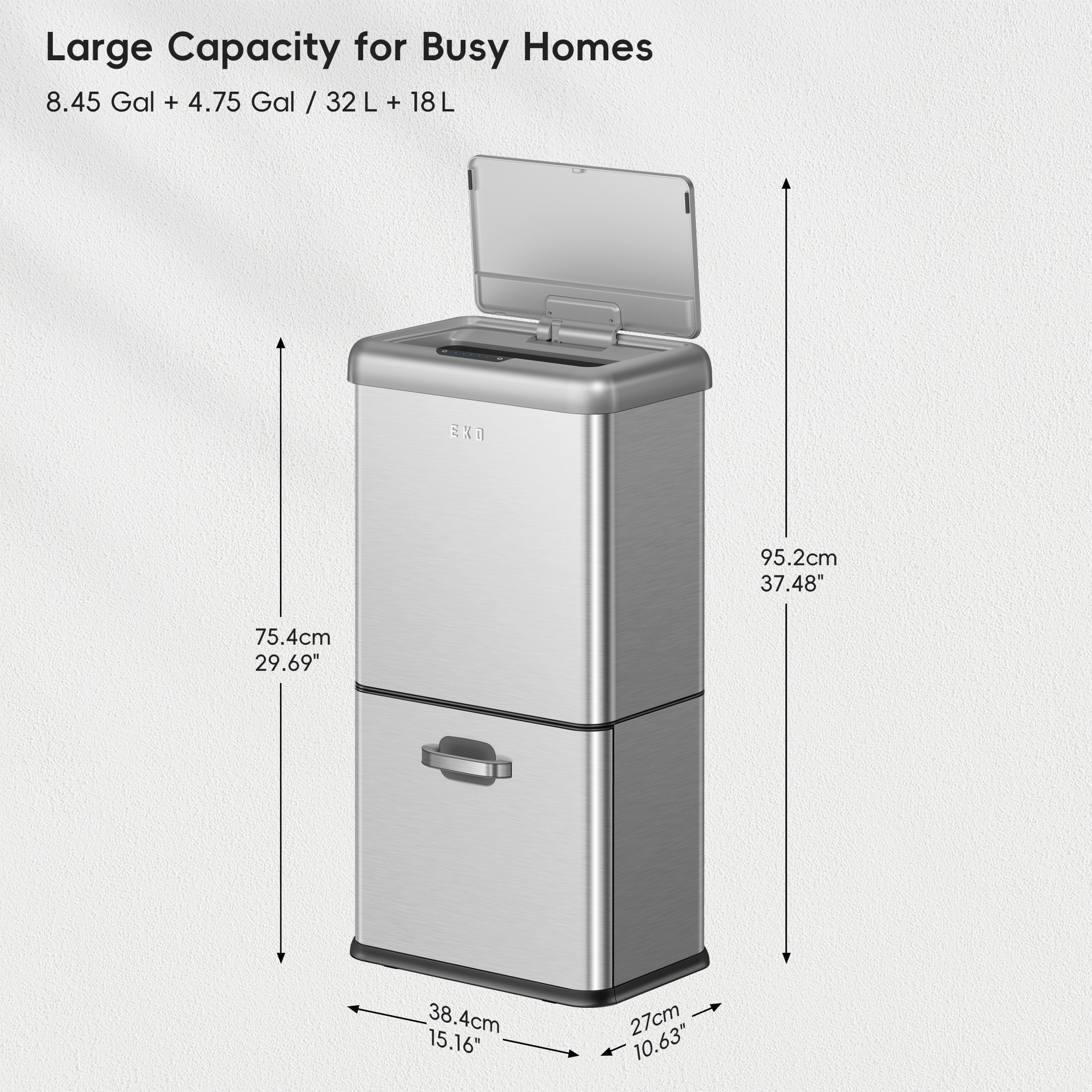 EKO Vintage Dual Compartment 32L + 18L Stainless Steel Motion Sensor Trash Can – Large Capacity for Busy Homes - 8.45 Gal + 4.75 Gal / 32 L + 18L