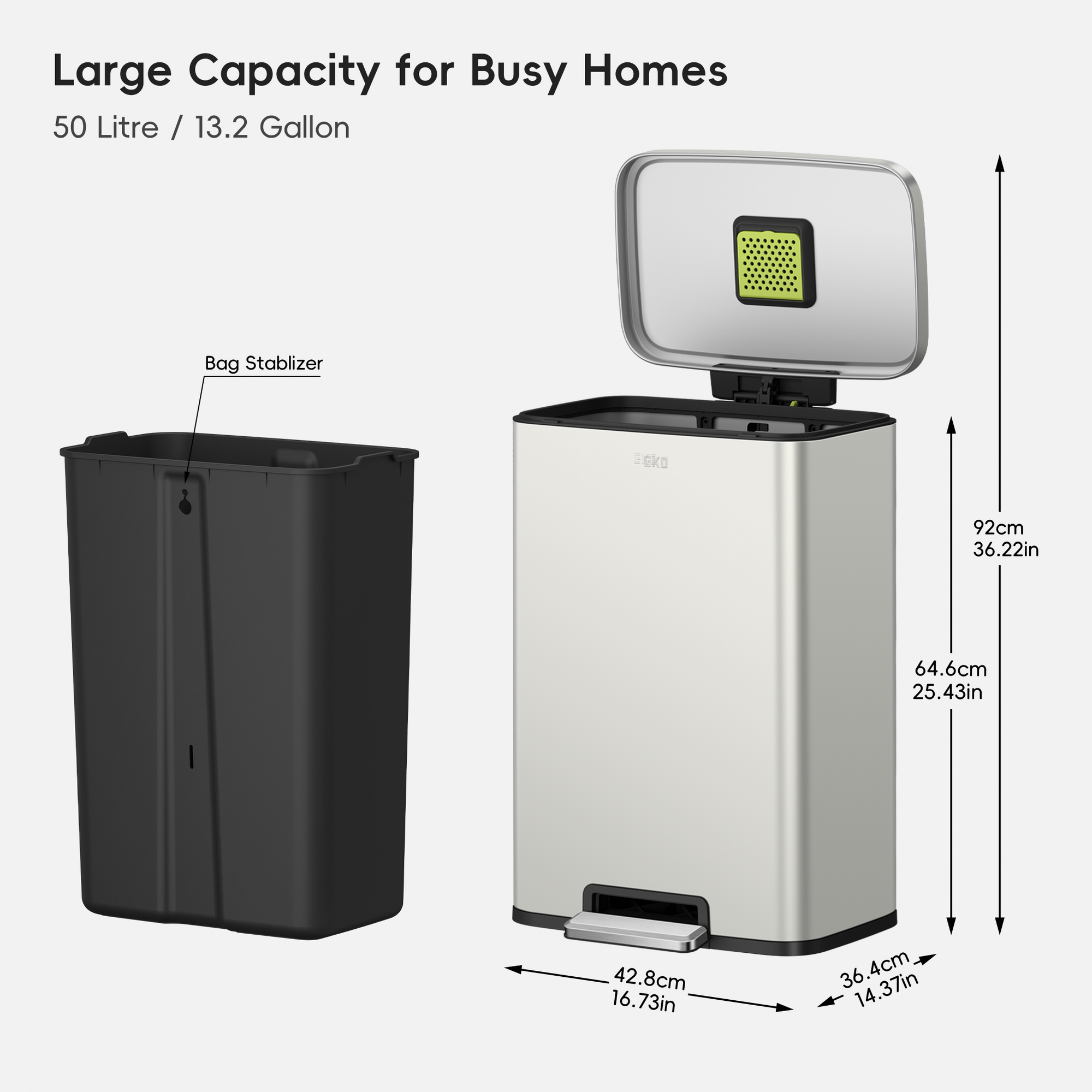 Madison Matte Grey Stainless Steel 50 Liter/13.2 Gallon Step Trash Can