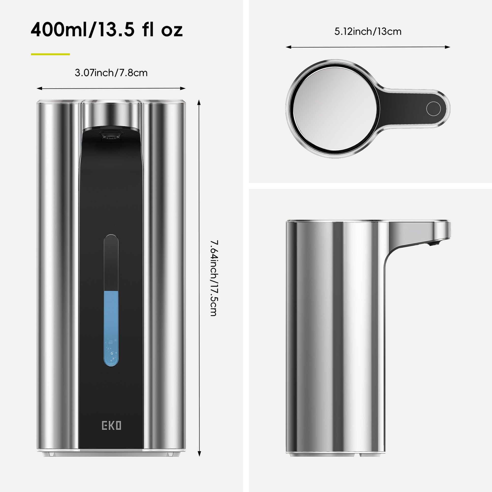 EKO Aroma Pro 13.5 fl oz Touchless Automatic Liquid Soap Dispenser-Chrome Metallic – Dimensions