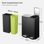 EcoCasa Dual Compartment Step Recycling Trash Can, 30+20 L / 8+5.3 Gal, Stainless Steel