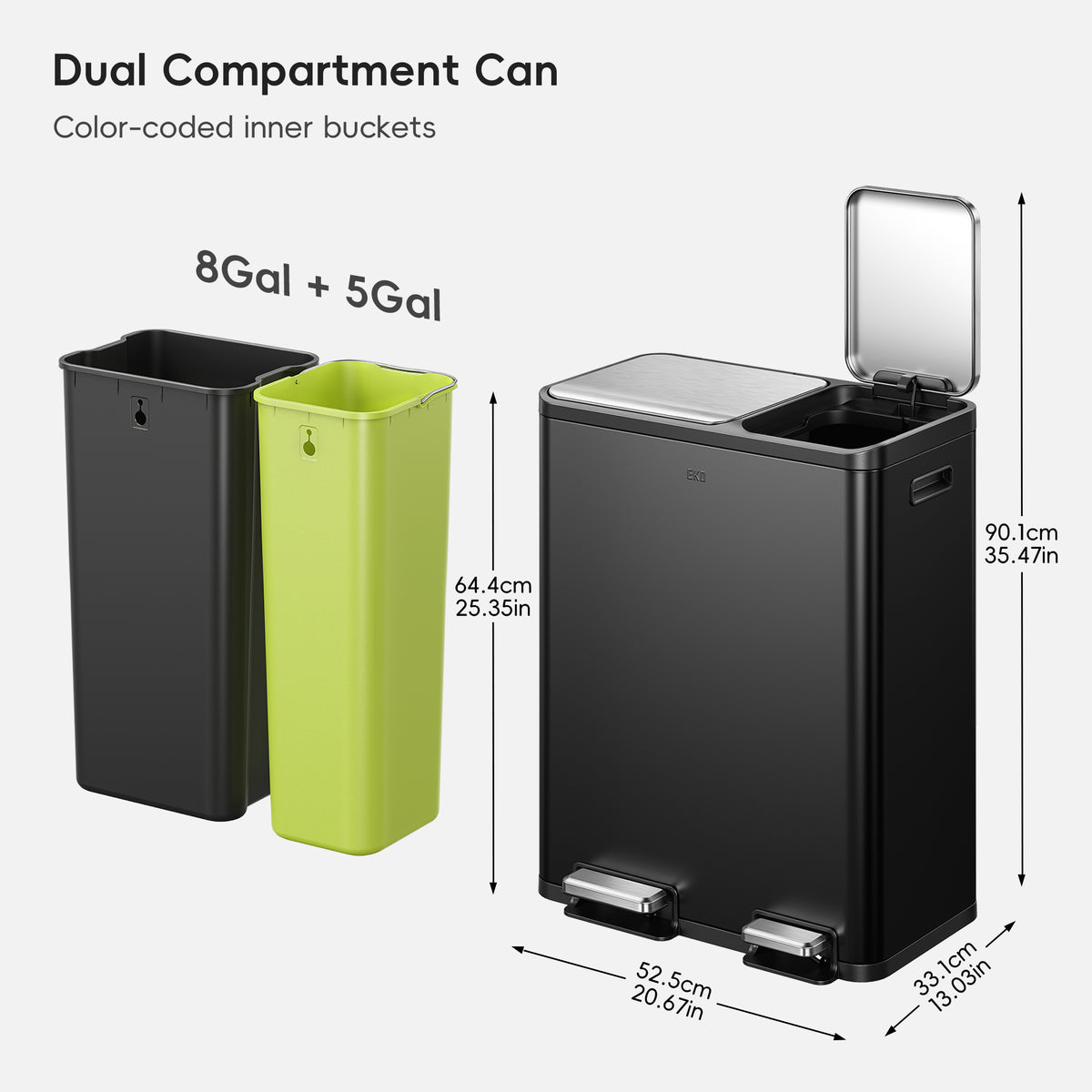 EcoCasa Dual Compartment Step Recycling Trash Can, 30+20 L / 8+5.3 Gal, Stainless Steel