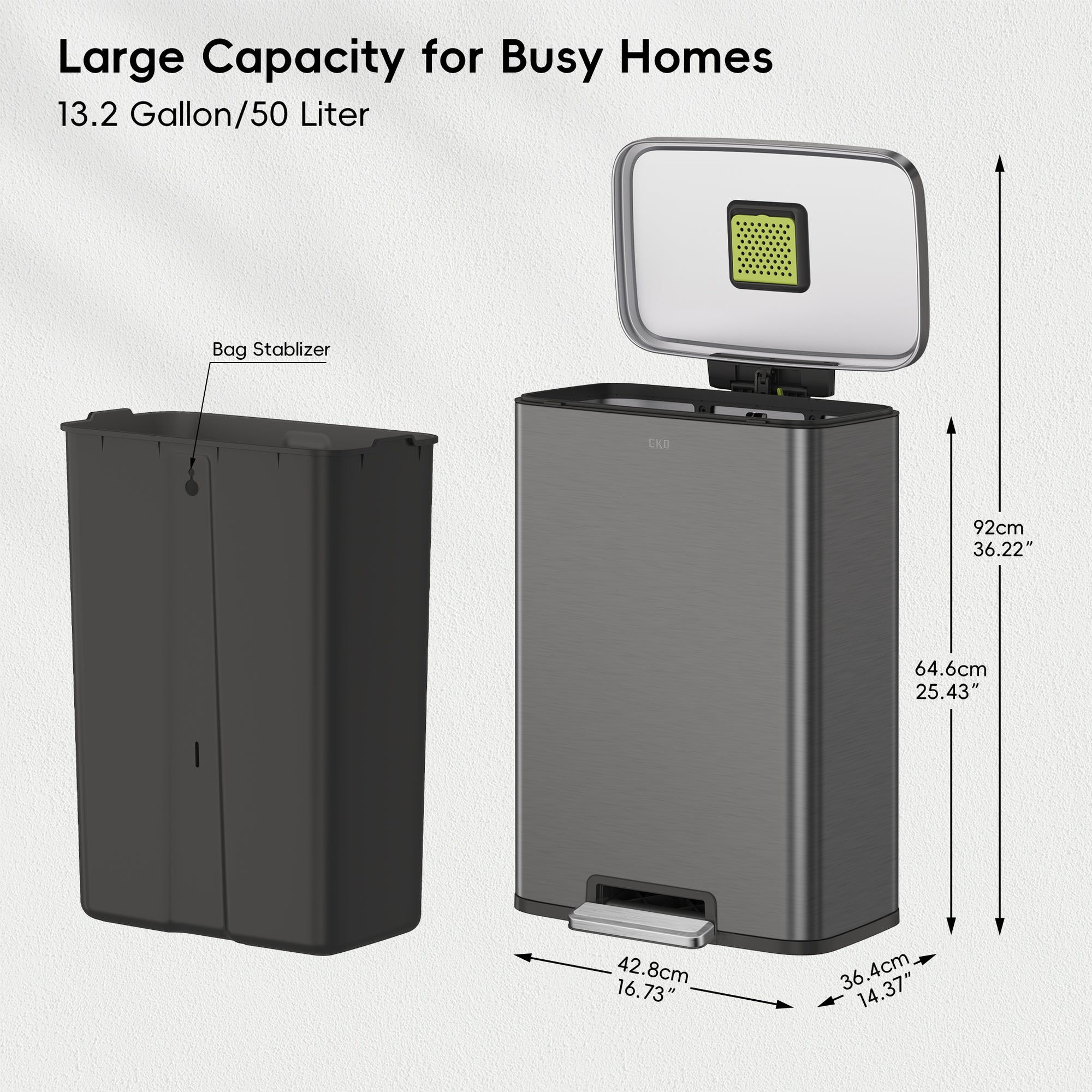 EKO Madison Gunmetal Steel 50 Liter/13.2 Gallon Step Trash Can with Inner Liner – Large Capacity for Busy Homes - 13.2 Gallon/50 Liter