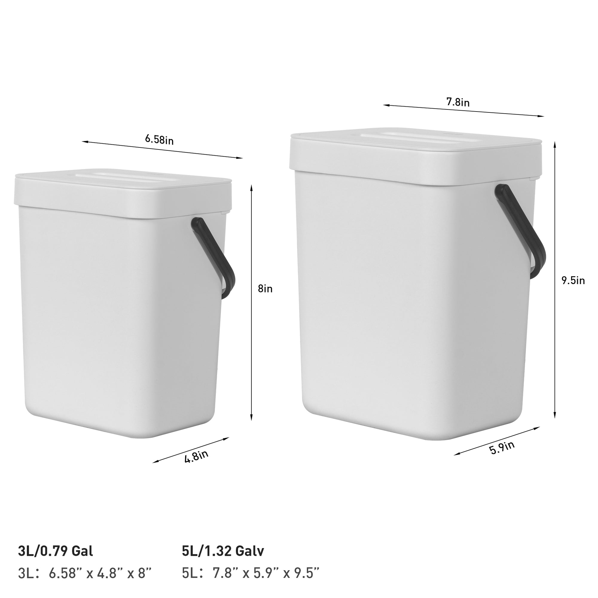EKO Puro Compost Bin with Lid - White 5L / 1.32 Gal – Dimensions