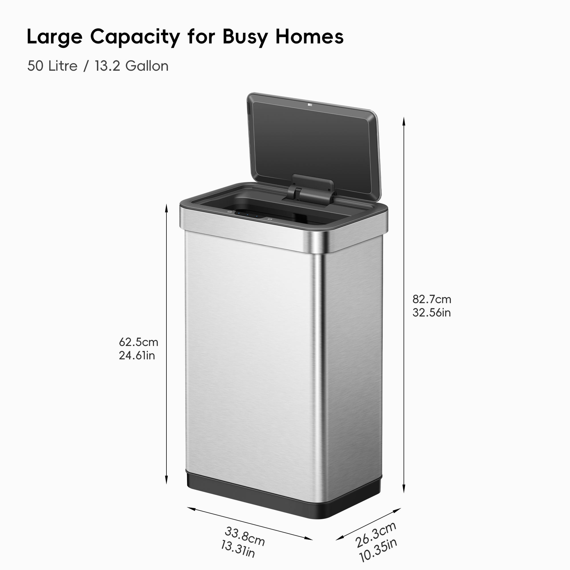 EKO trash can dimensions. Text includes: "Large Capacity for a Busy Homes," "50 Litre / 13.2 Gallon," and dimensions such as 62.5cm (24.61in) by 39.6cm (15.6in) by 26.9cm (10.59in), also noting 83.5cm (32.87in).