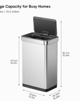 EKO trash can dimensions. Text includes: "Large Capacity for a Busy Homes," "50 Litre / 13.2 Gallon," and dimensions such as 62.5cm (24.61in) by 39.6cm (15.6in) by 26.9cm (10.59in), also noting 83.5cm (32.87in).