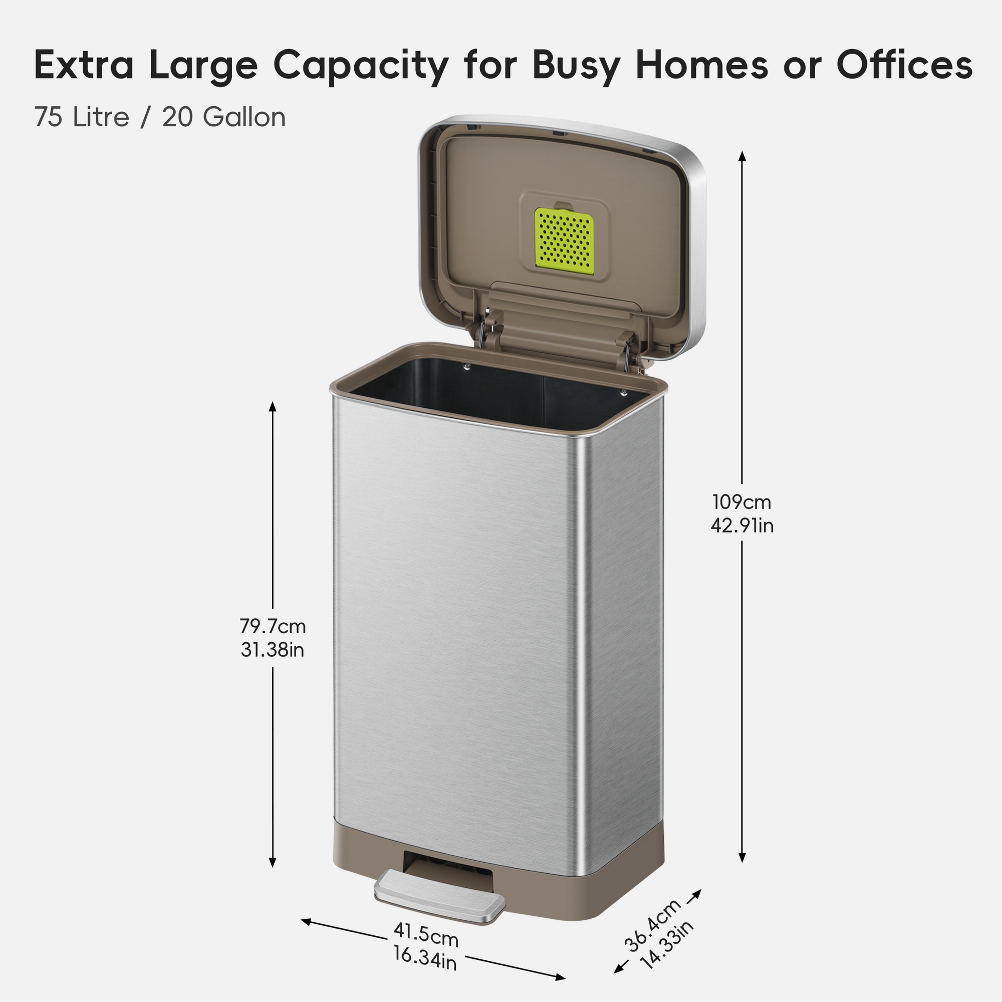 Hudson 75 Liter / 20 Gallon Step Can with Bag Compartment - Stainless Steel