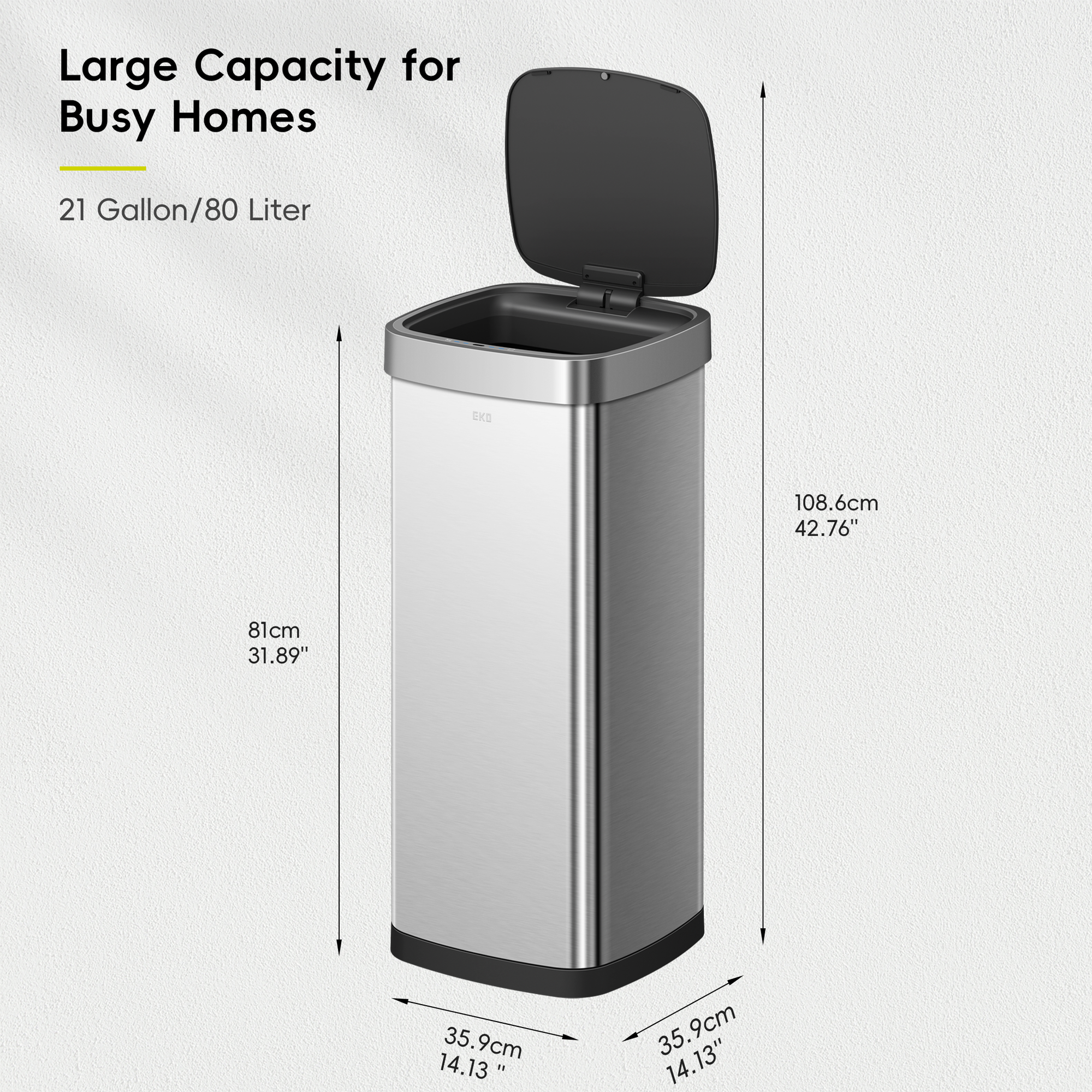 EKO Ecosmart Sensor Can - 80L / 21.1 Gal Tall and Large Kitchen Trash Can – Dimensions