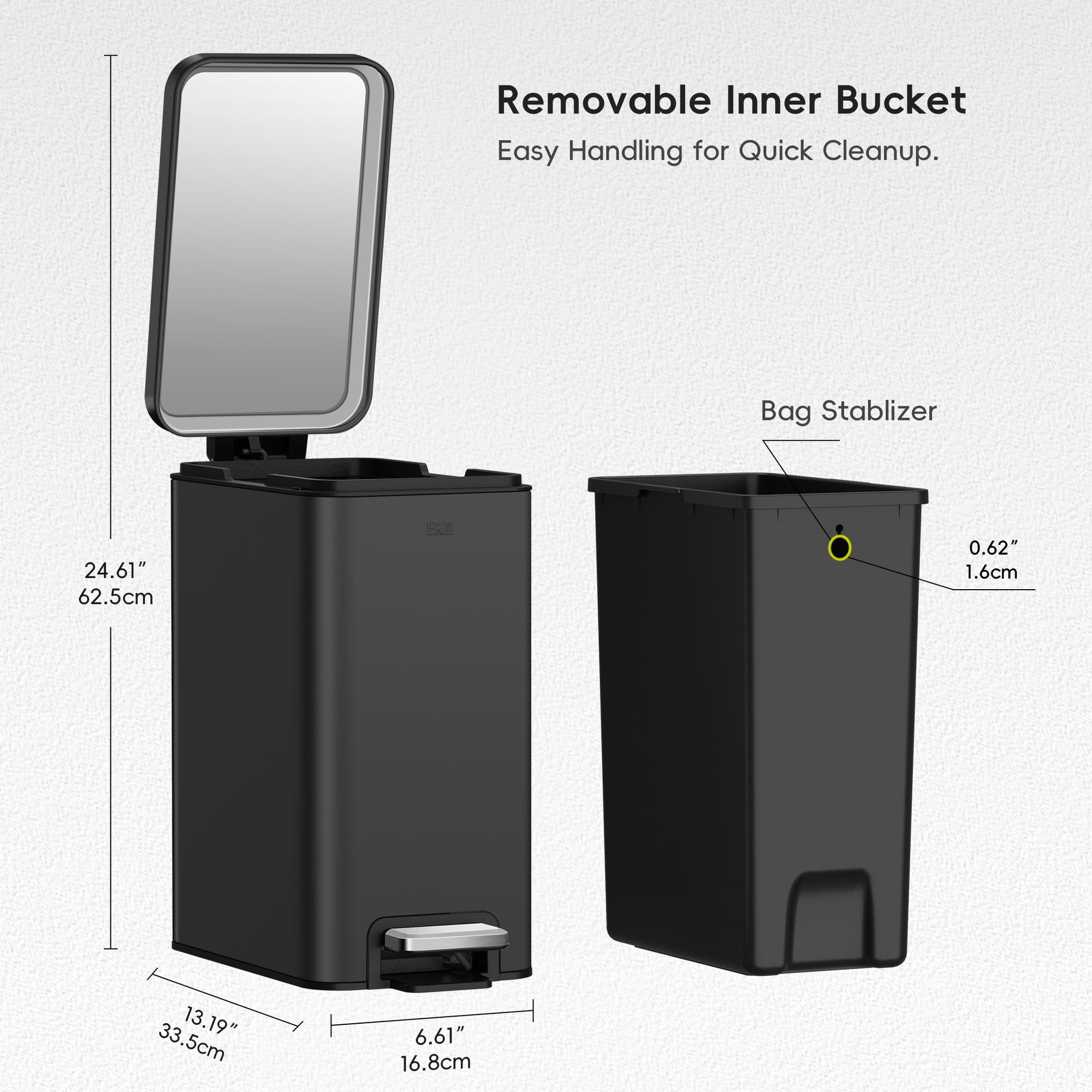 EKO Stella 10 L/2.6 Gal Small Bathroom Step Trash Can - Matte Black – Removable Inner Bucket - Easy Handling for Quick Cleanup