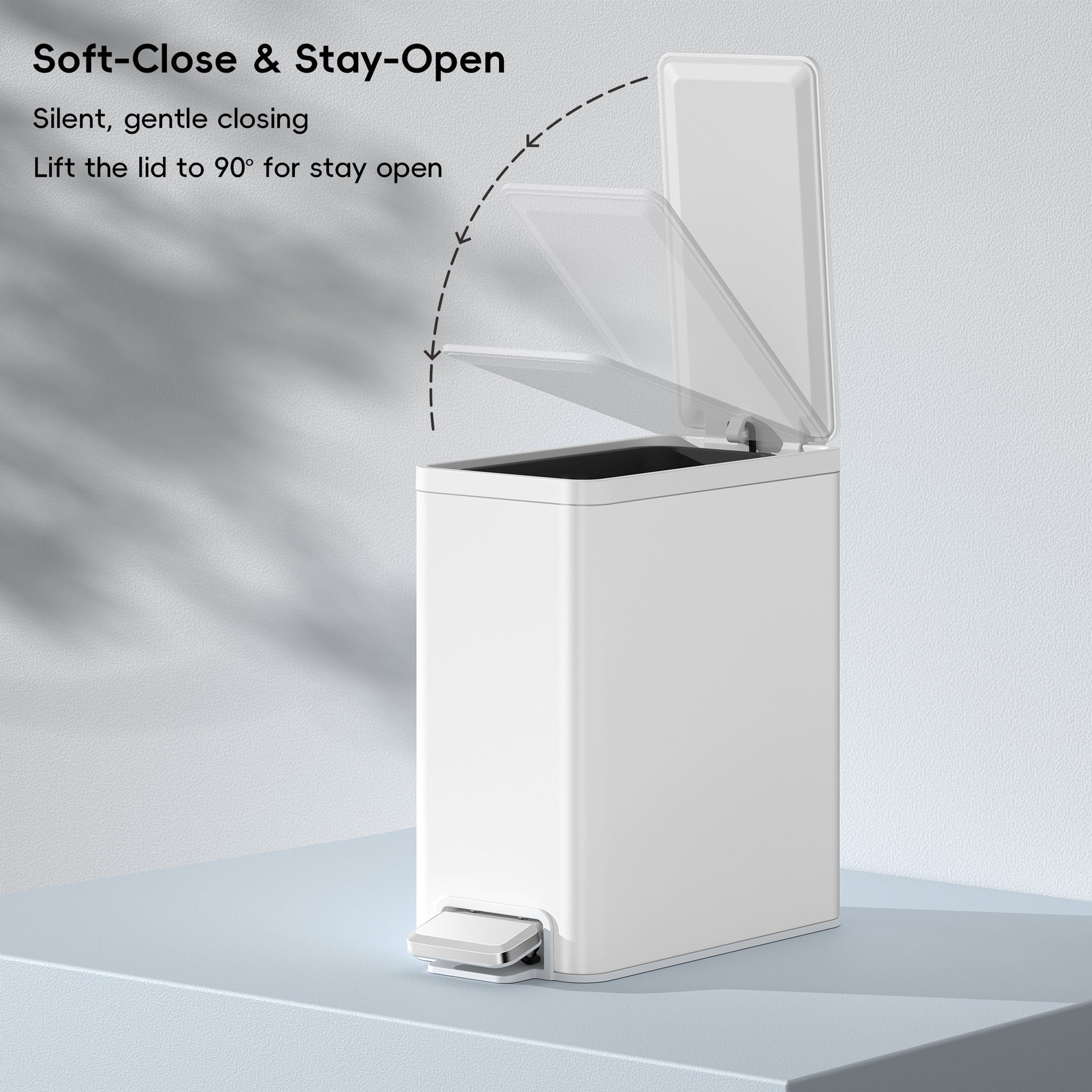 EKO EcoCasa II Slim Step Can with Liner 6L / 1.6 Gal Matte White Trash Can – Soft-Close & Stay-Open - Silent, gentle closing - Lift the lid to 900 for stay open