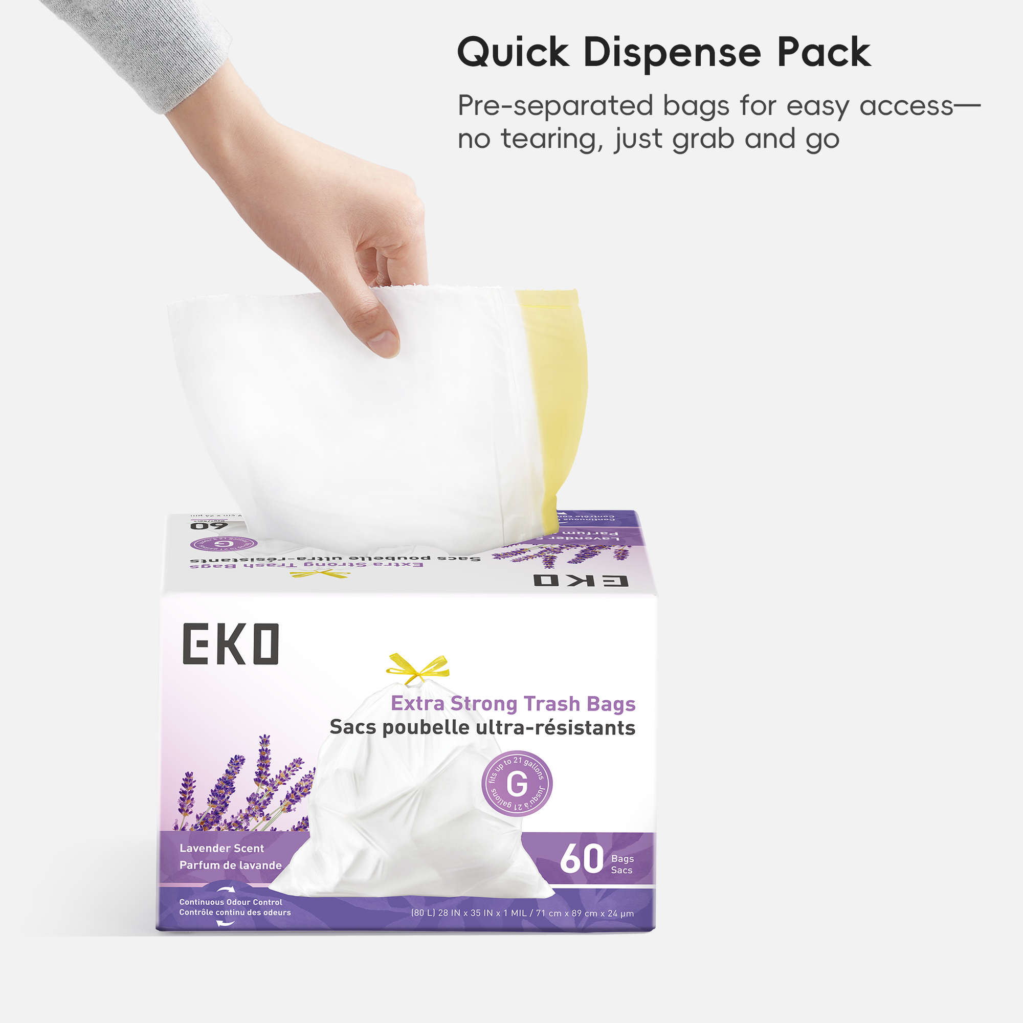 EKO trash bags packaging with a hand grabbing a bag.