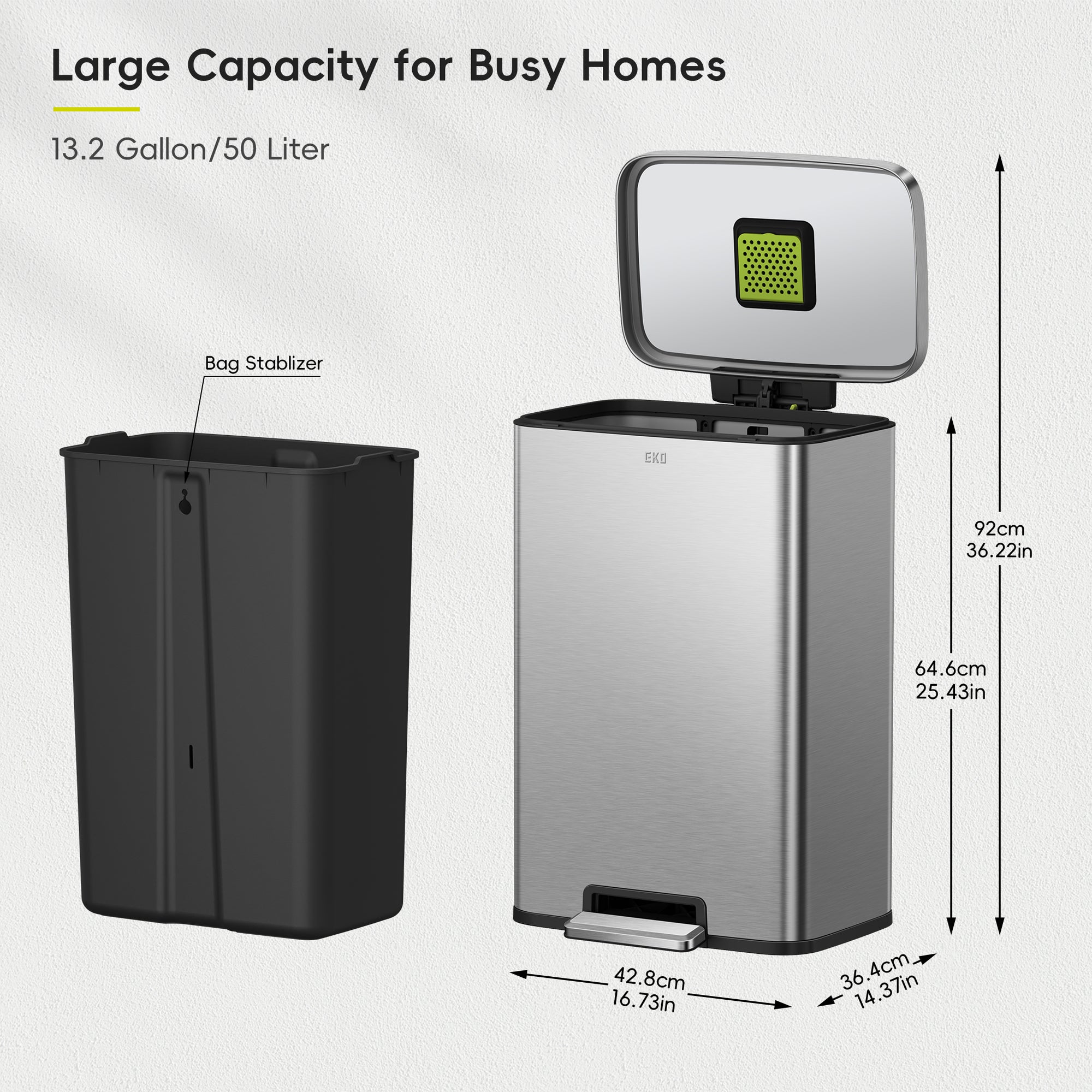 Madison Step Can with Liner – 50L / 13.2 Gal – Matte Stainless Steel