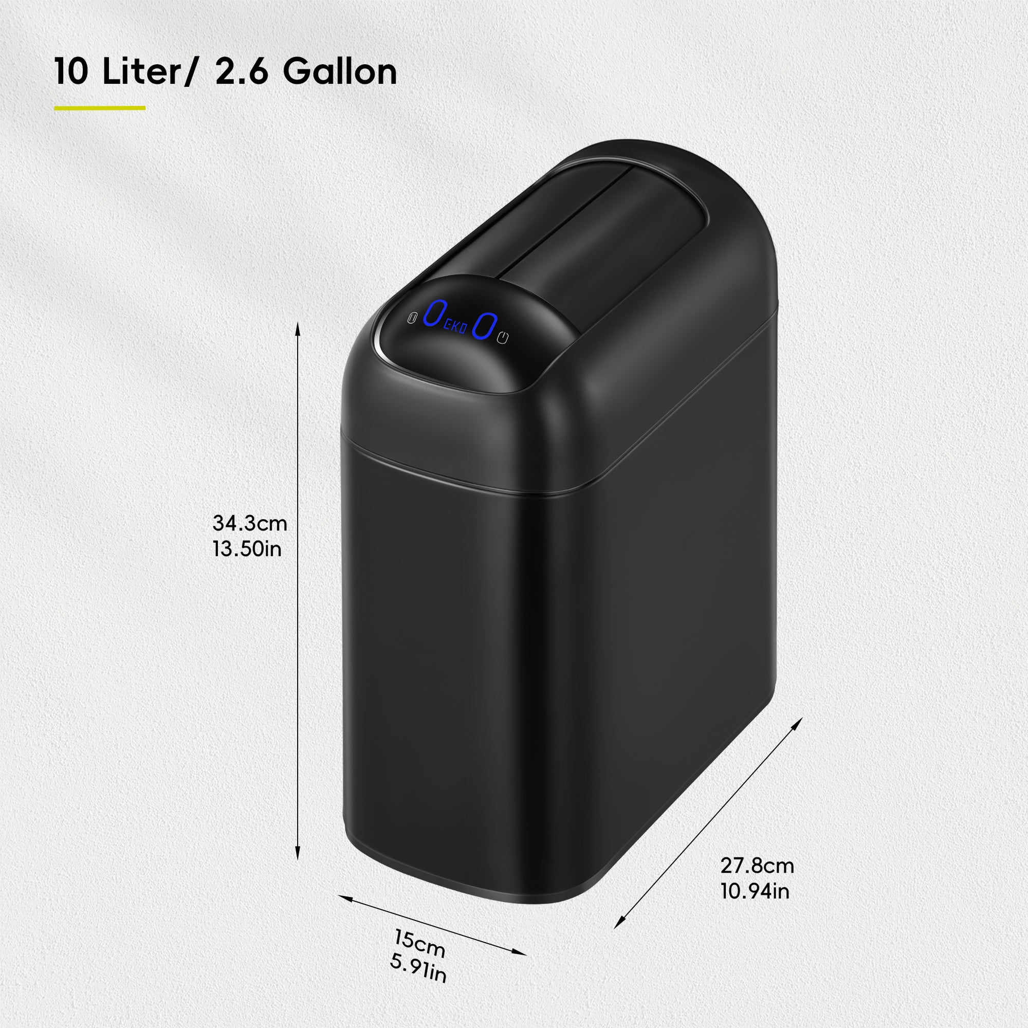 EKO Astro  10L / 2.6 Gallon Slim Sensor Trash Can with Soft-Close Butterfly Lid-Matte Black – Dimensions