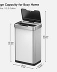 Mirage-T 50 Liter / 13 Gallon Motion Sensor Can (Stainless Steel) Dimensions.