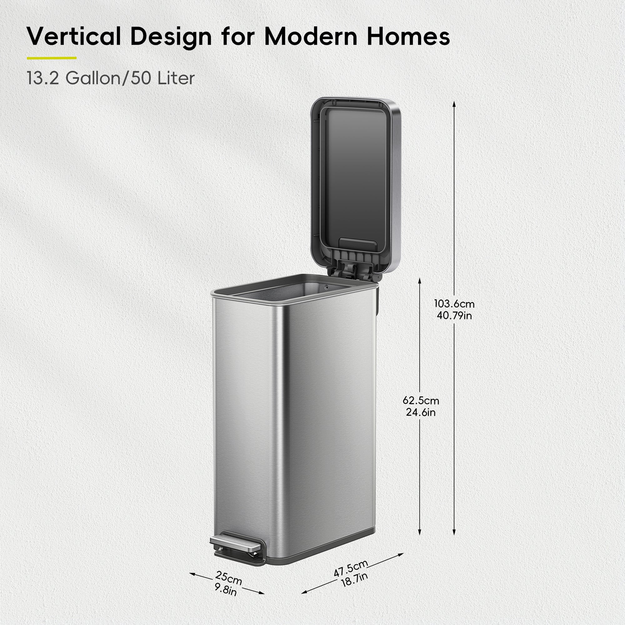 Hudson Slim 50L / 13.2 Gallon Matte Stainless Steel Step Trash Can with Lid