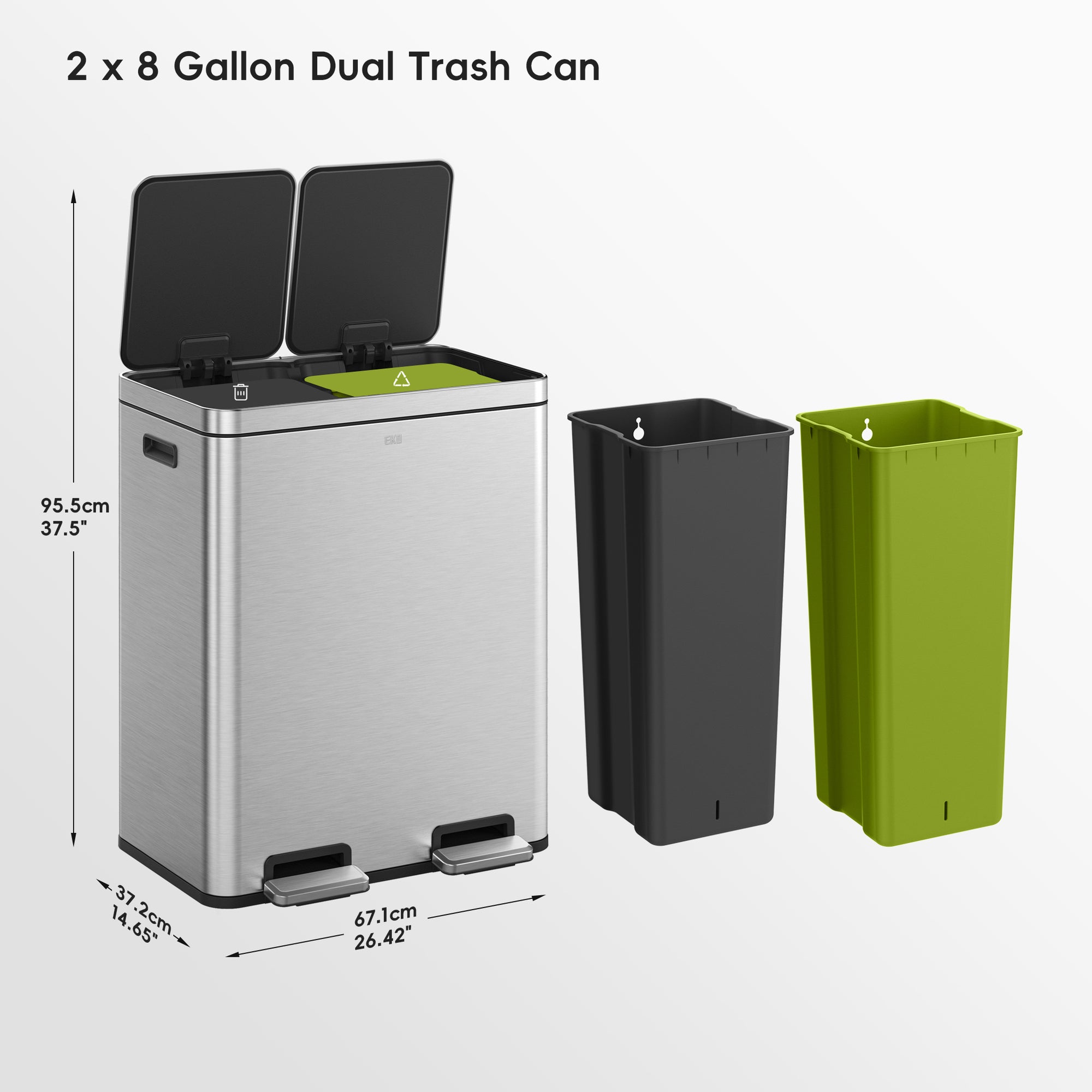 EKO Edison Dual Kitchen Trash Can 8+8 Gallons with Dual Removable Inner Liners – Dimensions