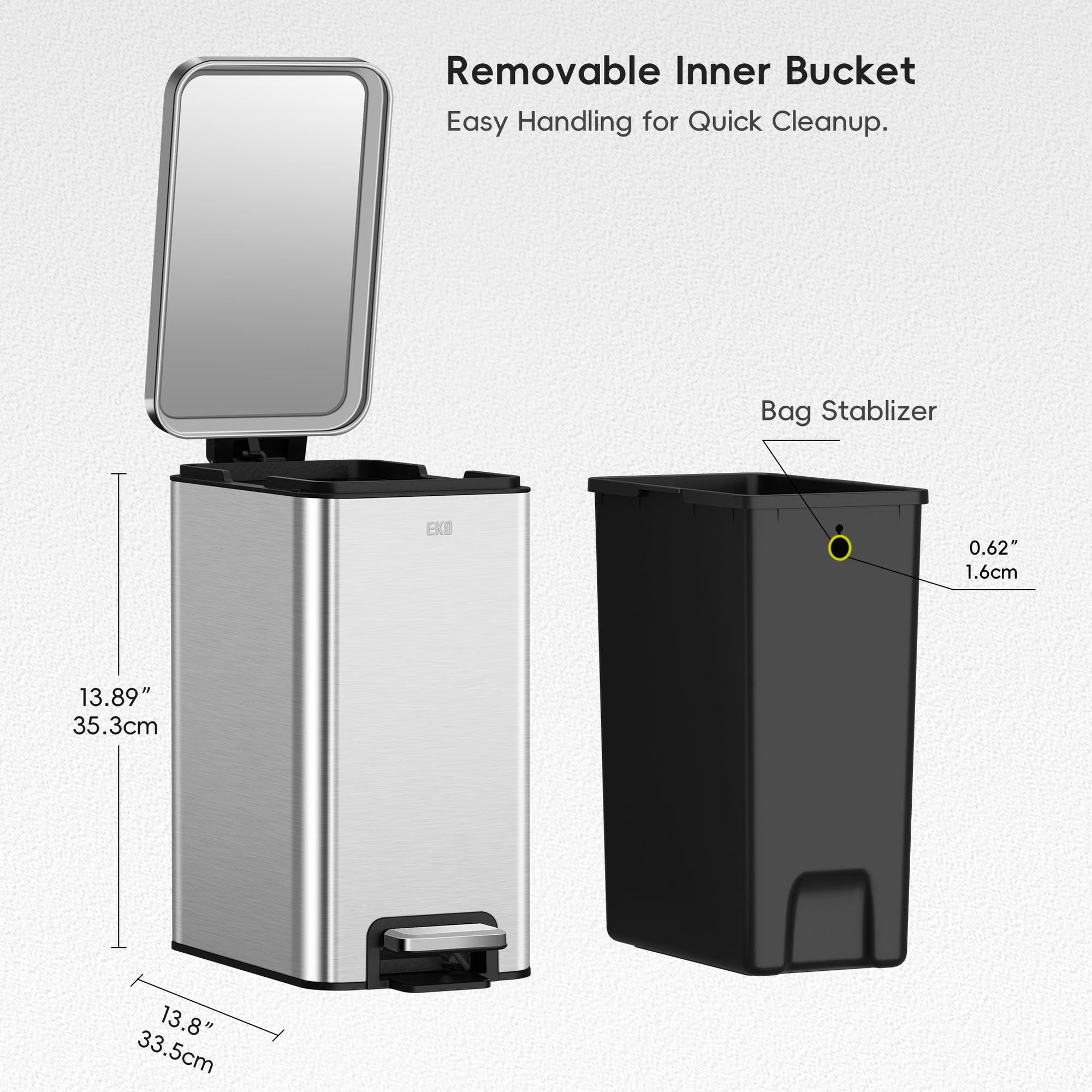 EKO Stella 10 L/2.6 Gal Small Bathroom Step Trash Can - Stainless Steel – Removable Inner Bucket