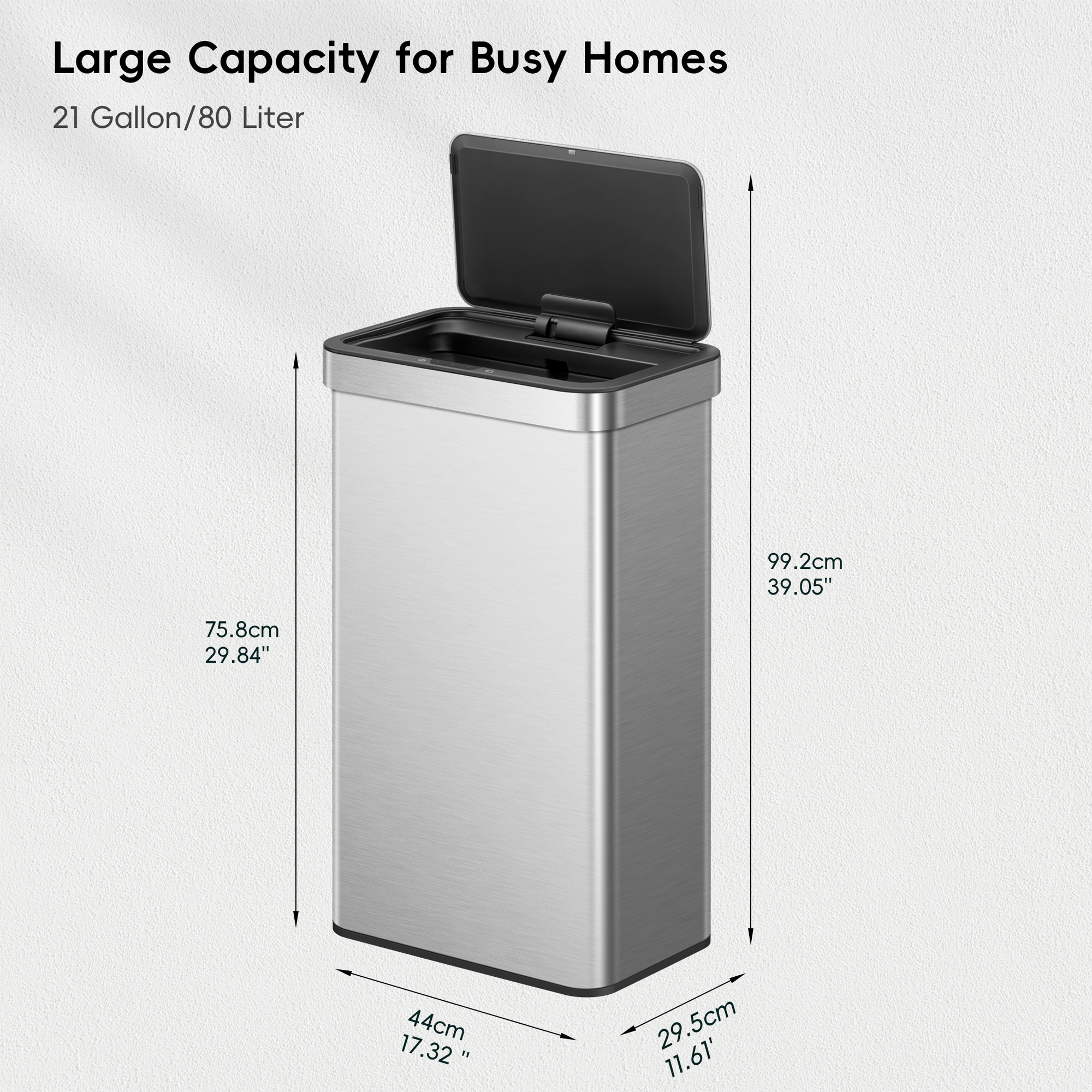 EKO Nova 21 Gallon/80 Liter Stainless Steel Motion Sensor Trash Can – Large Capacity for Busy Homes - 21 Gallon/80 Liter