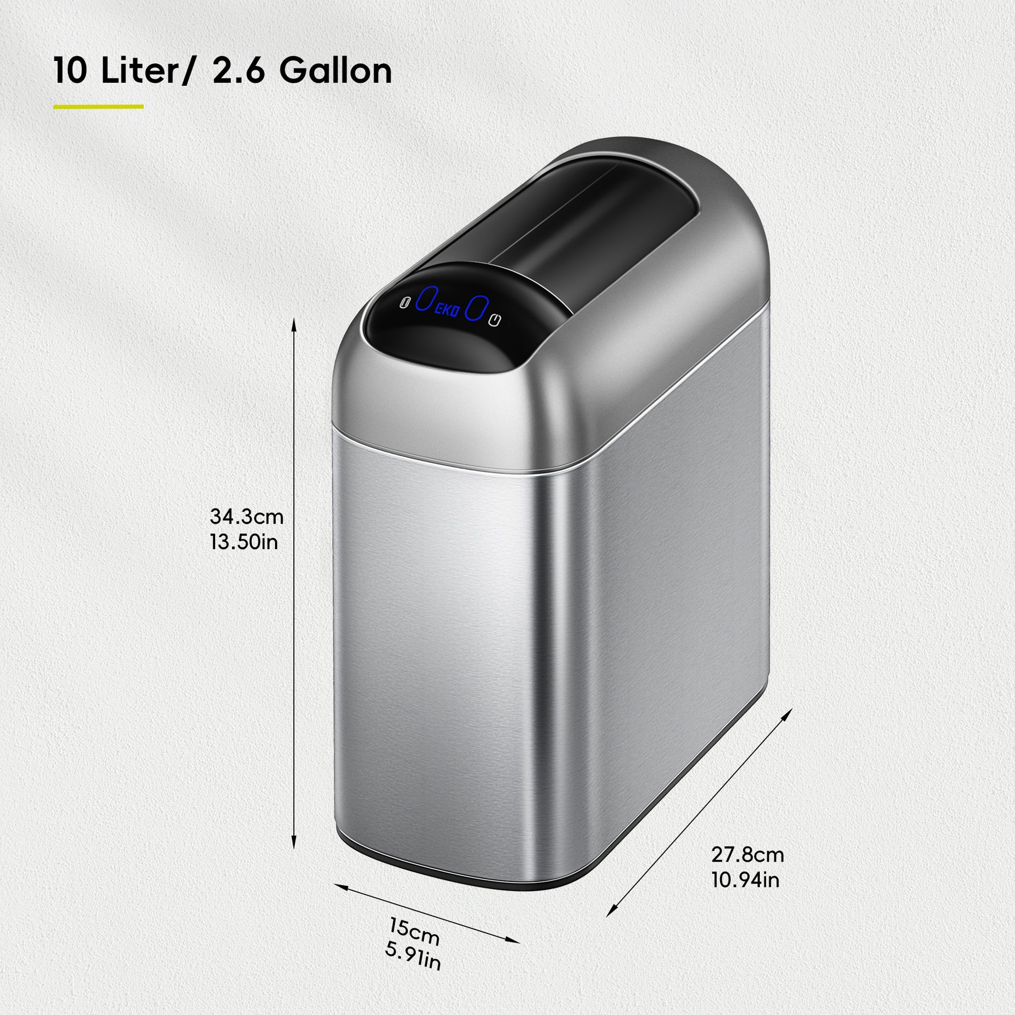 EKO Astro 10L / 2.6 Gallon Slim Sensor Trash Can with Butterfly Lid-Matte Stainless Steel – Dimensions