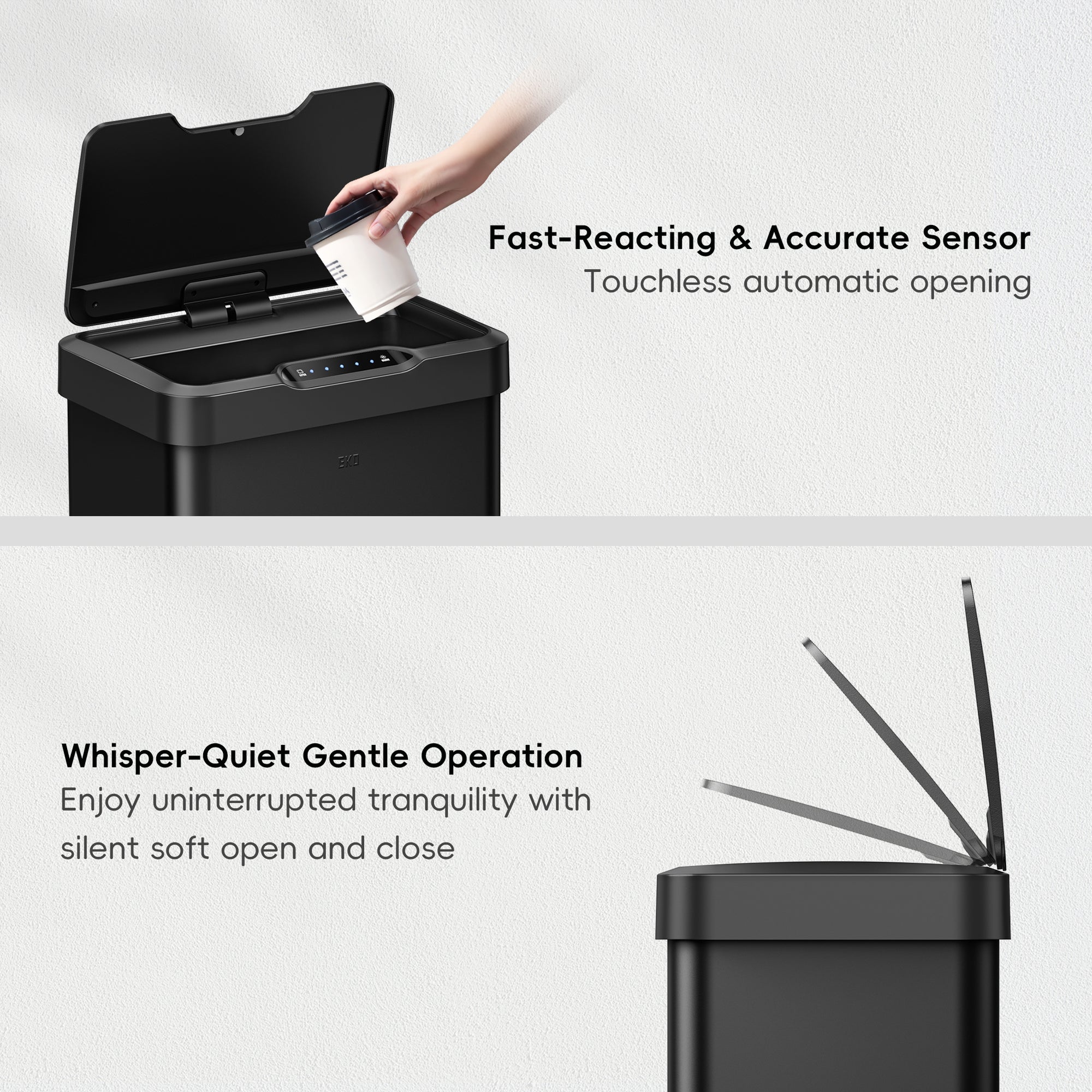EKO Mirage-T  50Liter / 13.2 Gallon  Stainless Steel Motion Sensor Trash Can - Matte Black – Fast-Reacting & Accurate Sensor - Whisper-Quiet Gentle Operation