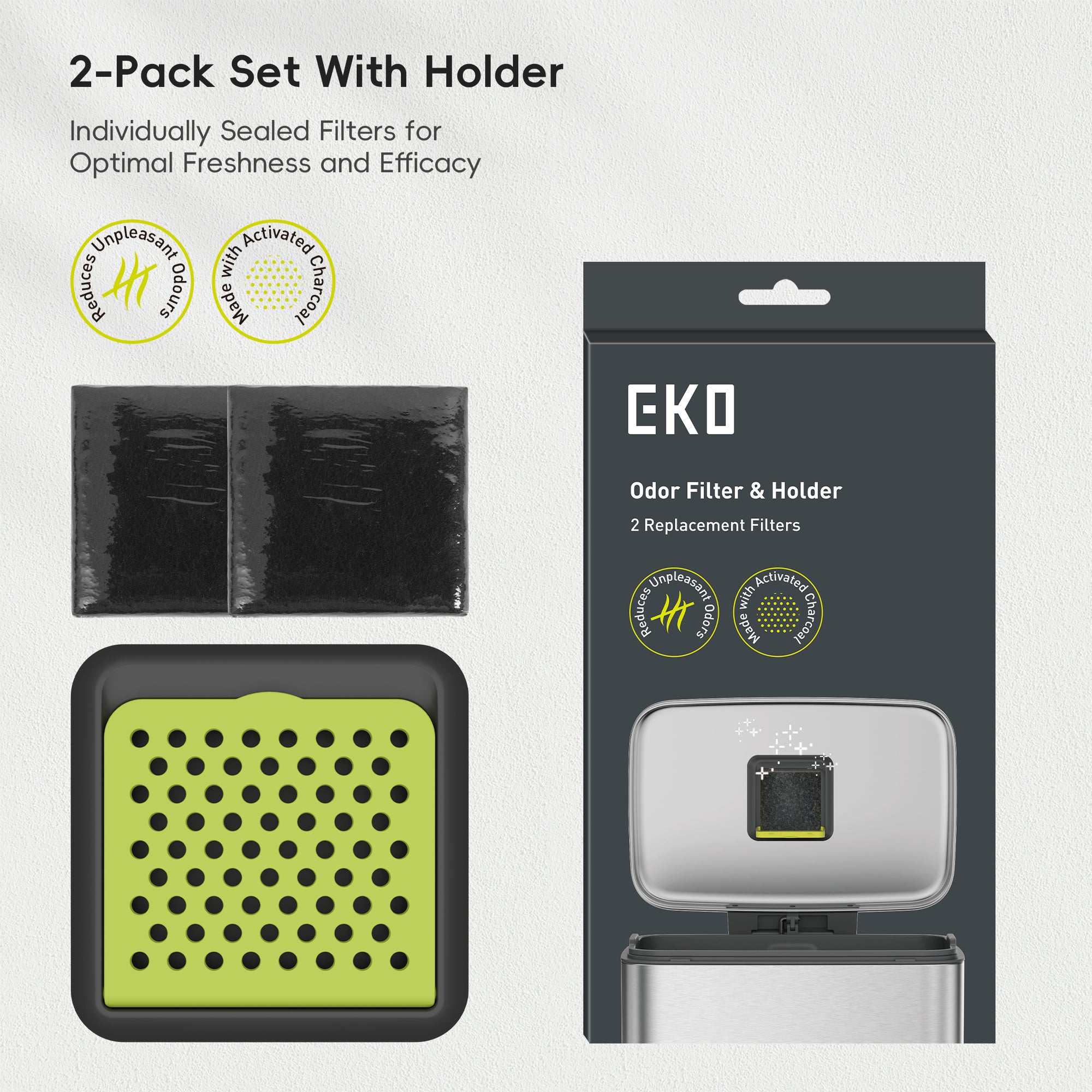 EKO Odor Filter Kit – 2 Pack Strong Odor Absorber and Deodorizer with Filter Case for Trash Cans – 2-Pack Set With Holder