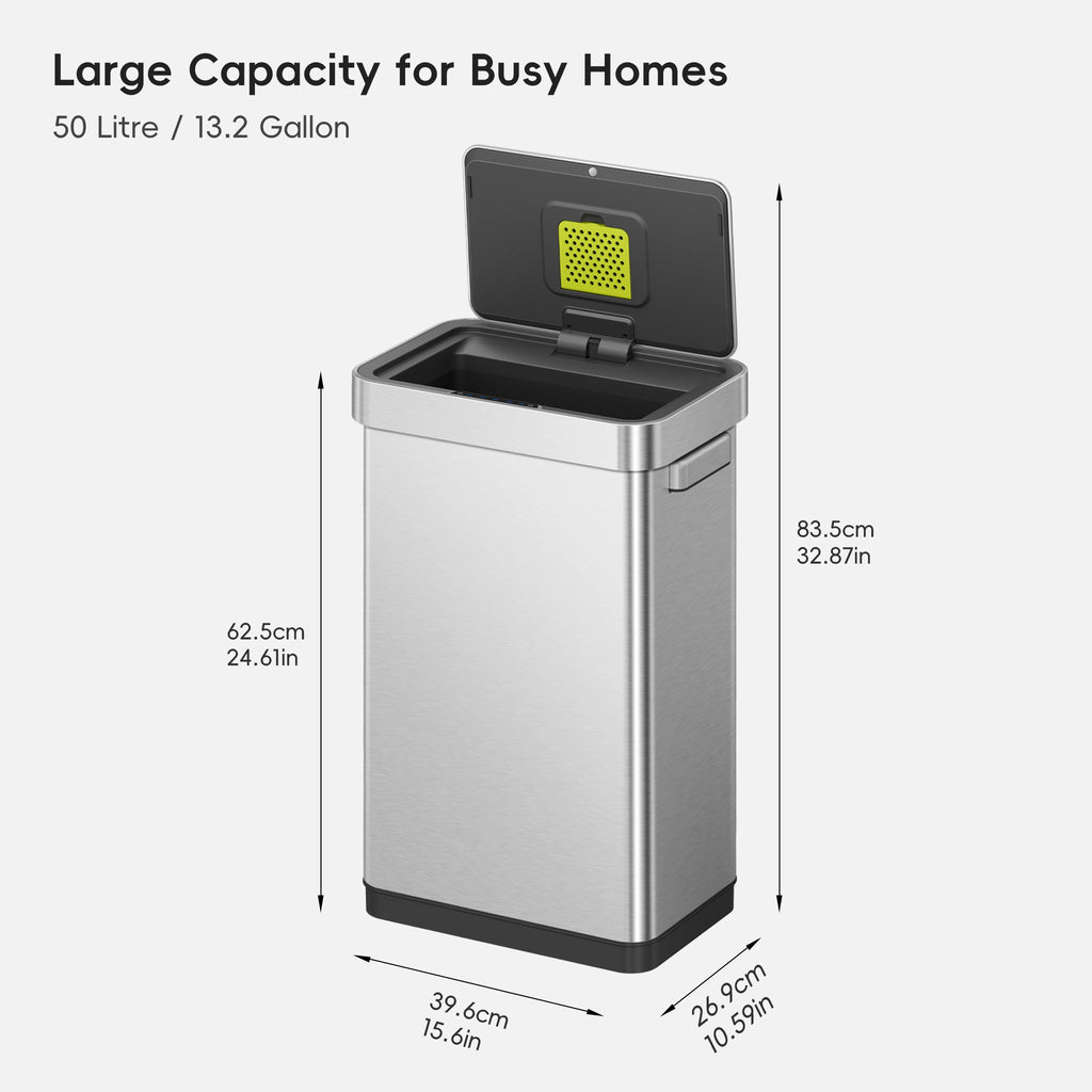 EKO Trash Can Dimensions. Text includes: "Large Capacity for a Busy Homes," "50 Litre / 13.2 Gallon," and dimensions such as 62.5cm (24.61in) by 39.6cm (15.6in) by 26.9cm (10.59in), also noting 83.5cm (32.87in).