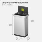 EKO Trash Can Dimensions. Text includes: "Large Capacity for a Busy Homes," "50 Litre / 13.2 Gallon," and dimensions such as 62.5cm (24.61in) by 39.6cm (15.6in) by 26.9cm (10.59in), also noting 83.5cm (32.87in).