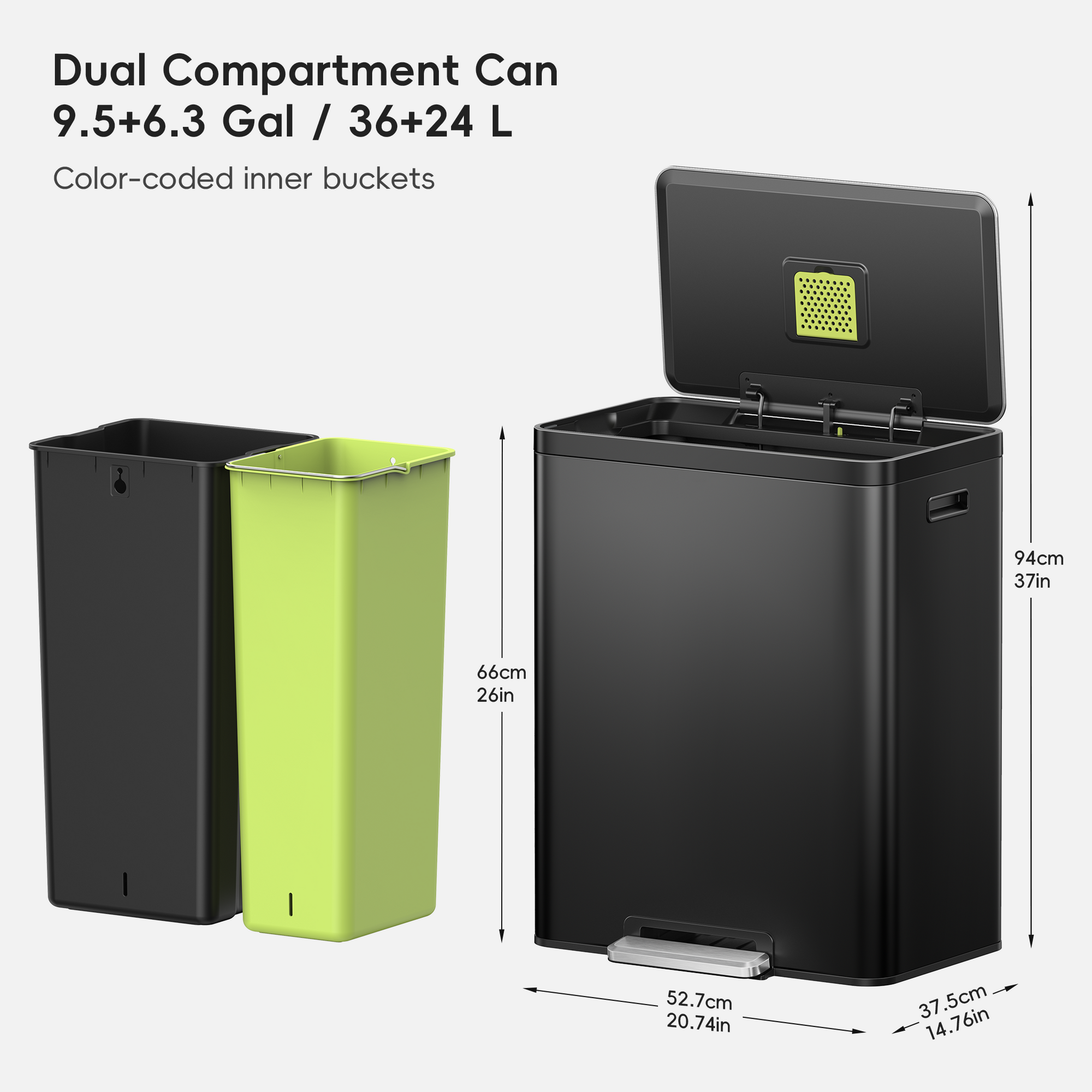 EcoCasa II Step Recycling Can - Dual Compartment 36L+24L-Matte Black