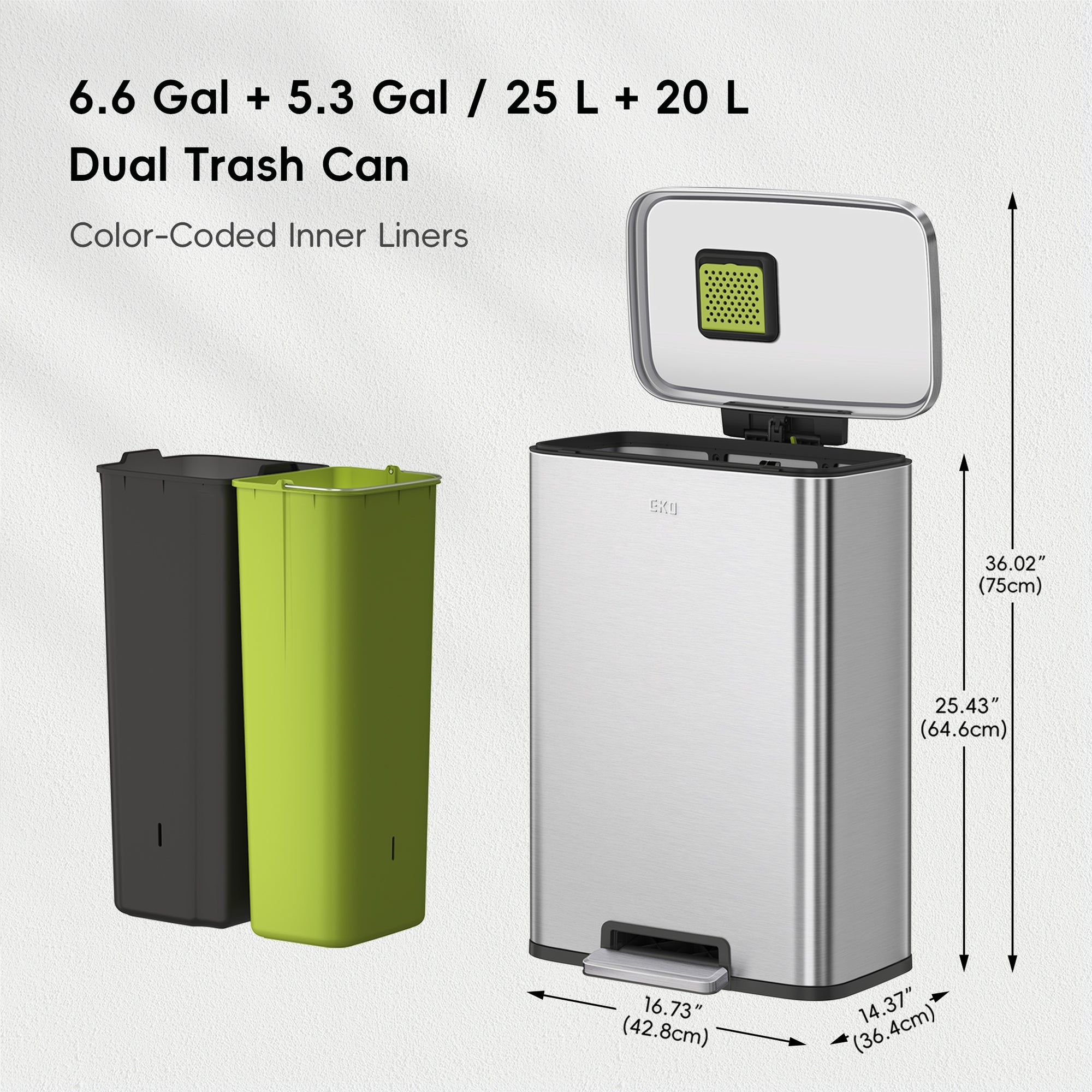 EKO Madison 25L+20L Dual Compartment Step Trash Can - Brushed Stainless – Color-Coded Inner Liners