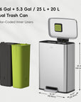 EKO Madison 25L+20L Dual Compartment Step Trash Can - Brushed Stainless – Color-Coded Inner Liners