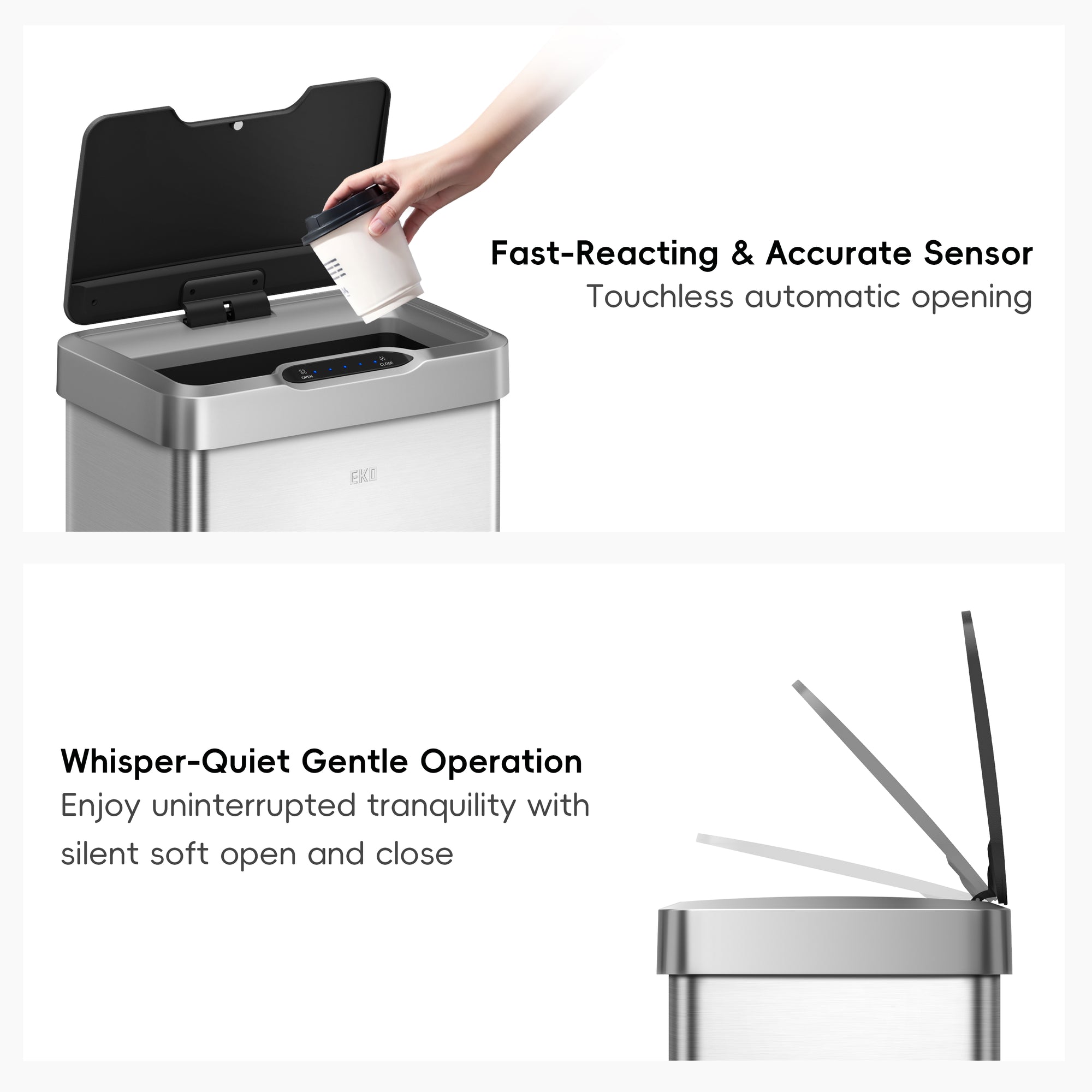 EKO Mirage-T 50 Liter / 13.2 Gallon Stainless Steel Motion Sensor Can – Fast-Reacting & Accurate Sensor - Whisper-Quiet Gentle Operation