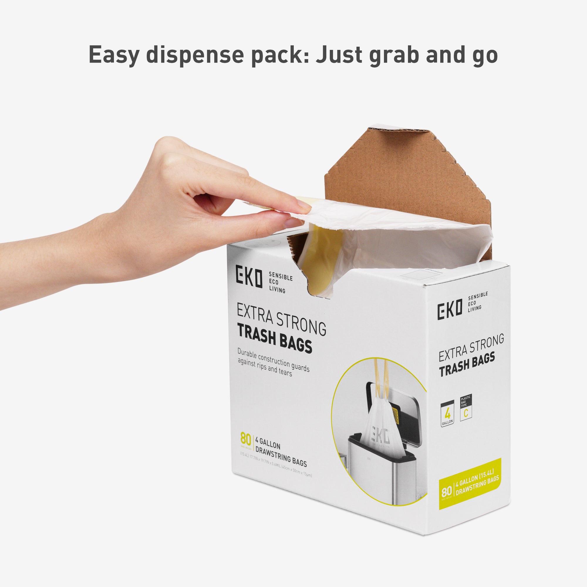 EKO Code C - 4 Gallon Easy-Dispense Roll Trash Bag - 80 Count (10-15L) – Easy dispense pack: Just grab and go