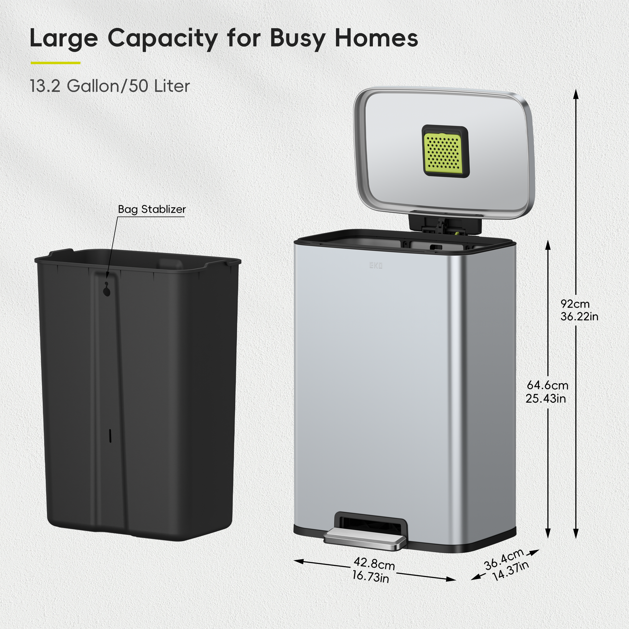 Madison Matte Grey Stainless Steel 50 Liter/13.2 Gallon Step Trash Can