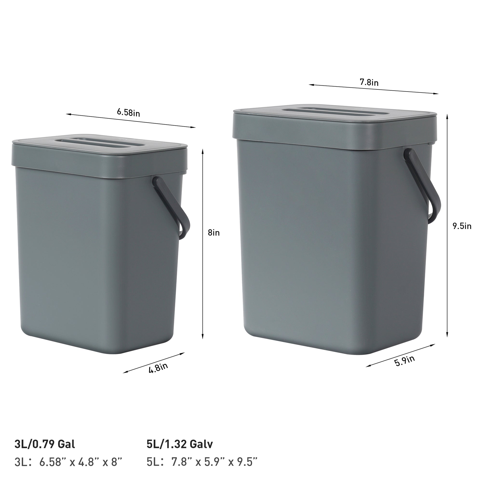 EKO Puro Compost Bin with Lid - Dark Gray 5L / 1.32 Gal – Dimensions