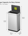 EKO Trash Can Dimensions. Text includes: "Large Capacity for a Busy Homes," "50 Litre / 13.2 Gallon," and dimensions such as 62.5cm (24.61in) by 39.6cm (15.6in) by 26.9cm (10.59in), also noting 83.5cm (32.87in).