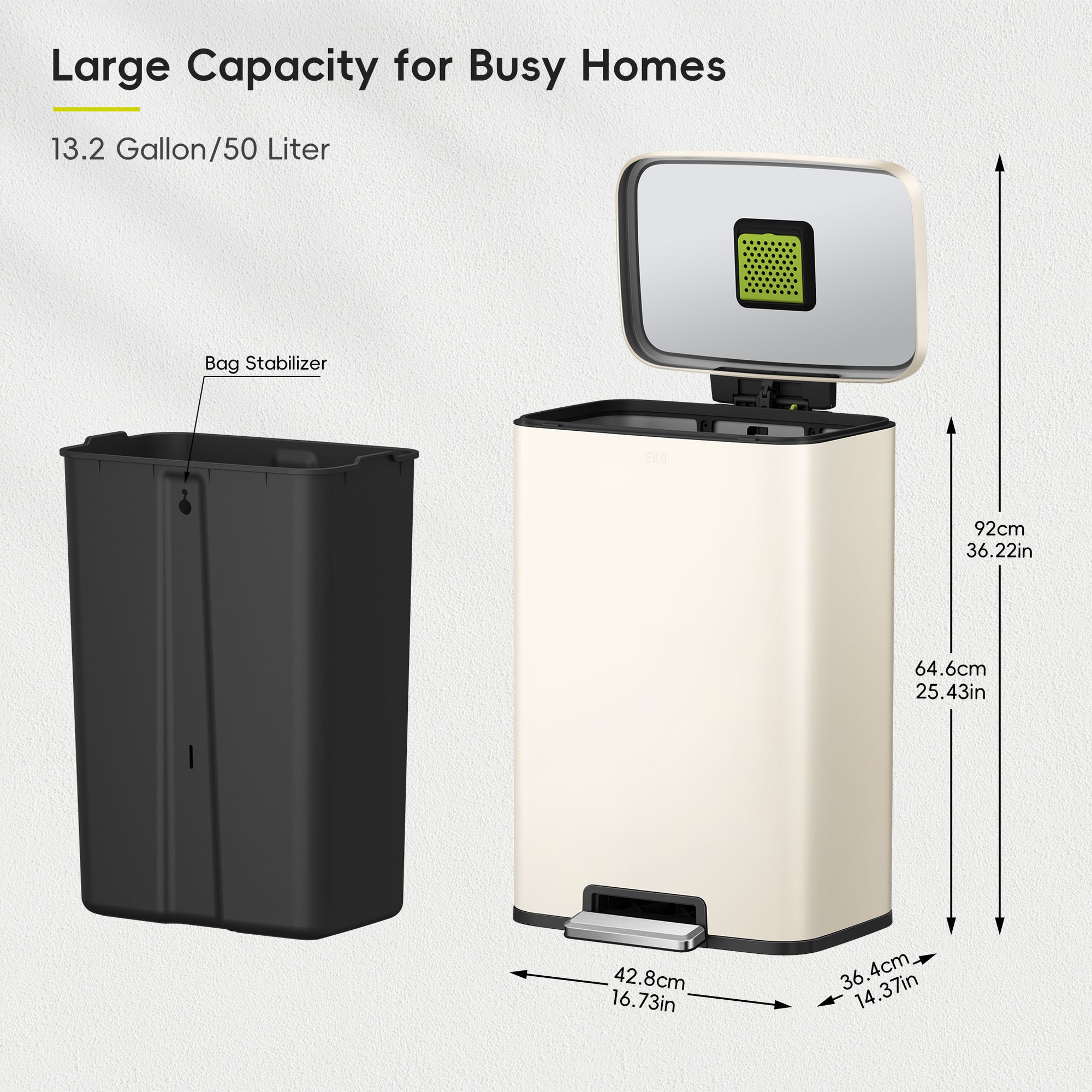 Madison Vanilla Steel 50 Liter/13.2 Gallon Step Trash Can with Inner Liner