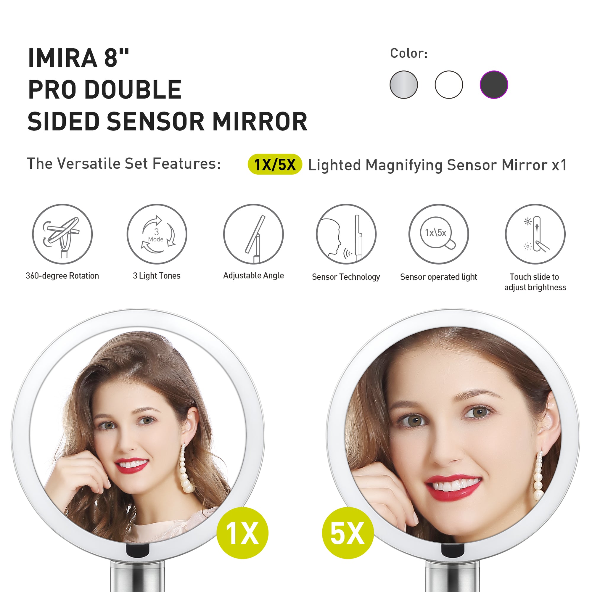 EKO iMira Pro 8"  1X/5X Double Sided Sensor Mirror - Dark Gray – IX/5X Lighted Magnifying Sensor Mirror x1