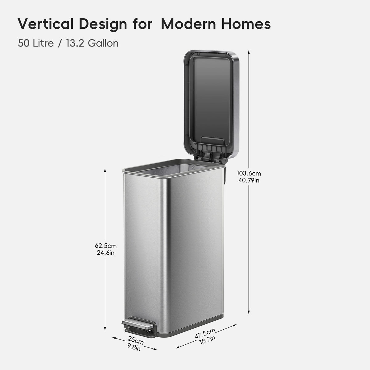 Hudson Slim Stainless Steel Step Trash Can 50 L / 13.2 Gal