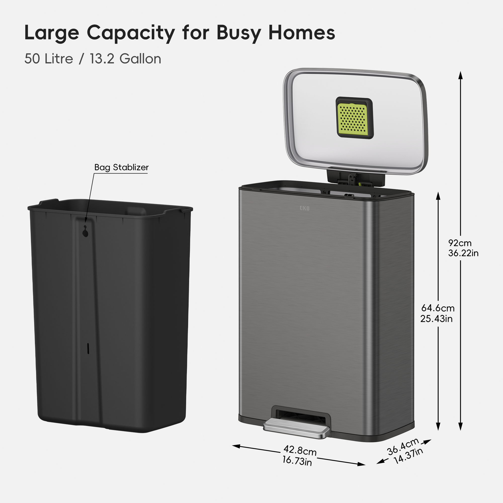 Madison Gunmetal Steel 50 Liter/13.2 Gallon Step Trash Can with Inner Liner