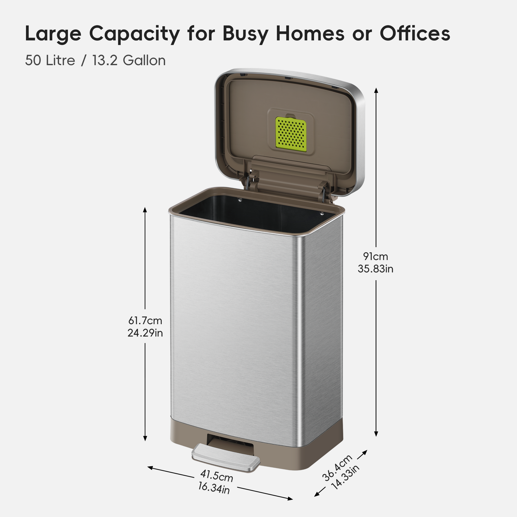 Hudson 50 Liter / 13 Gallon Step Can with Bag Compartment - Matte Stainless Steel