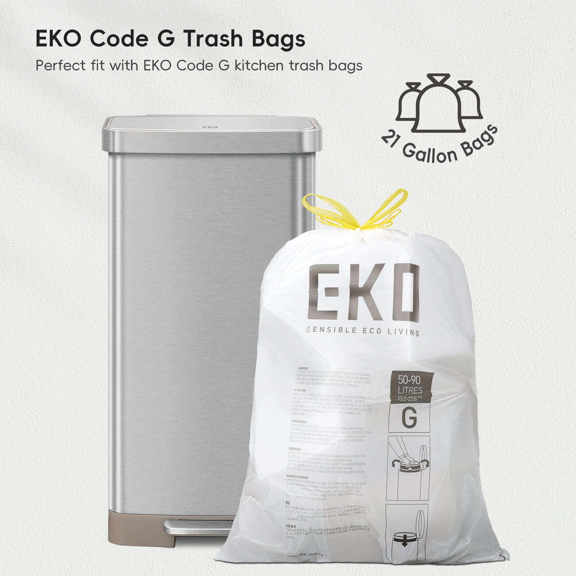 EKO Hudson 75L / 19.8 Gal Step Can with Bag Compartment - Stainless Steel – Perfect fit with EKO Code G kitchen trash bags