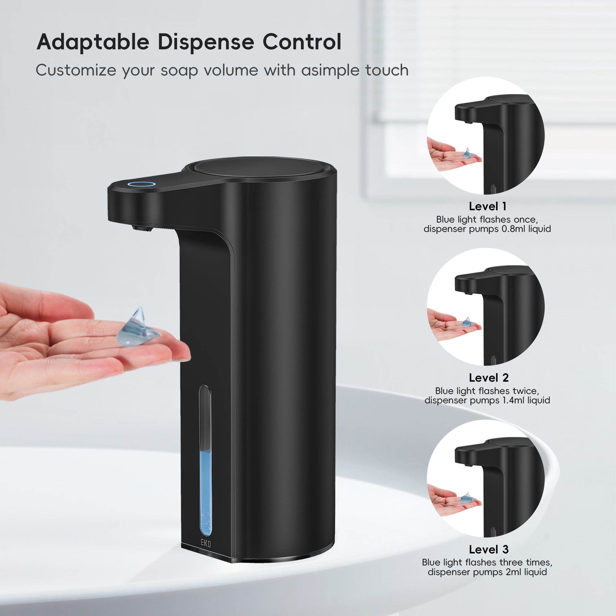 EKO Aroma Smart Liquid Soap Dispenser - Matte Black – Adaptable Dispense Control - Customize your soap volume with a simple touch