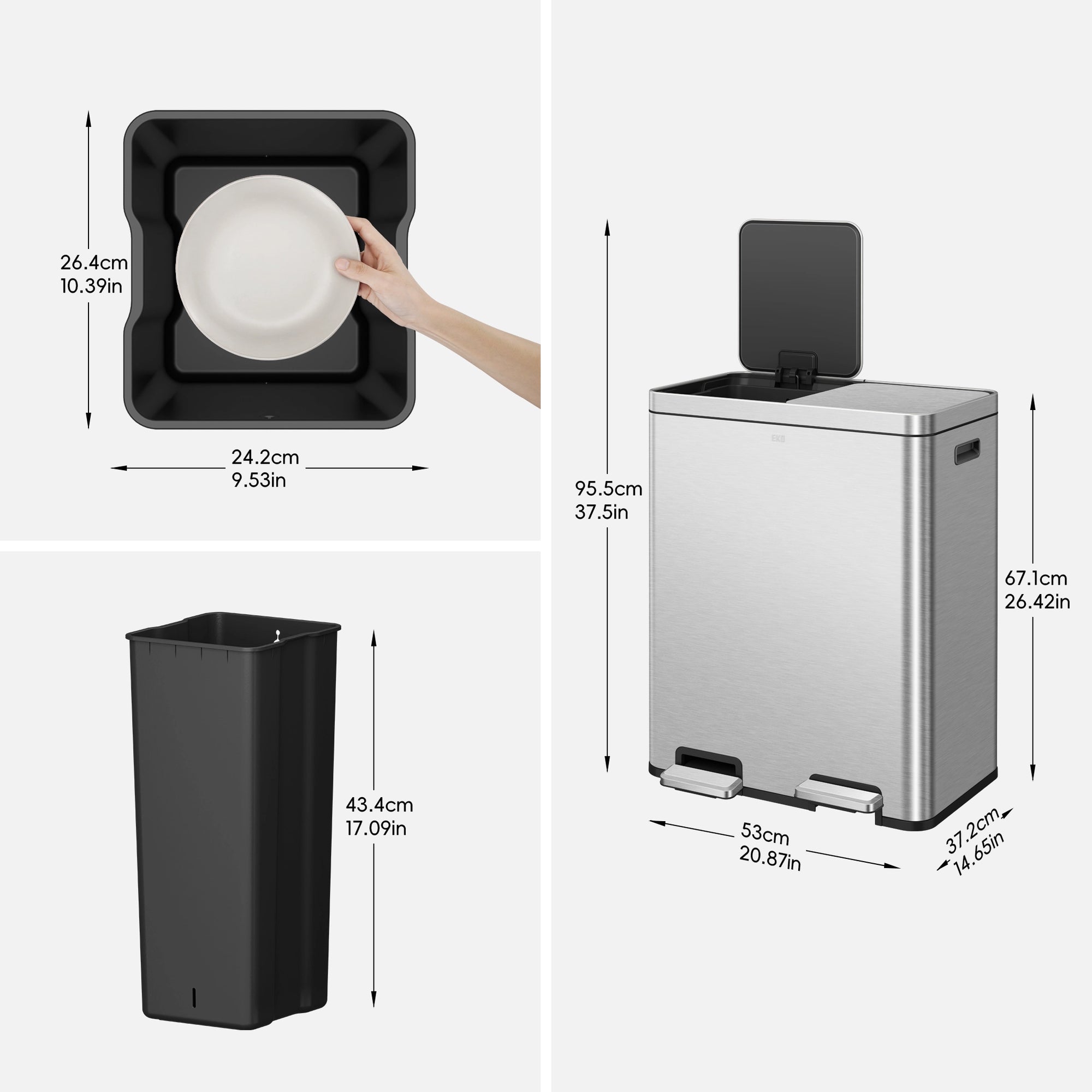 Edison Dual Compartment Step Can with Removable Inner Liners 30+30 L / 8+8 Gal